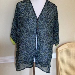 Free People sheer overblouse size XS.  Navy, green and blue cheetah print